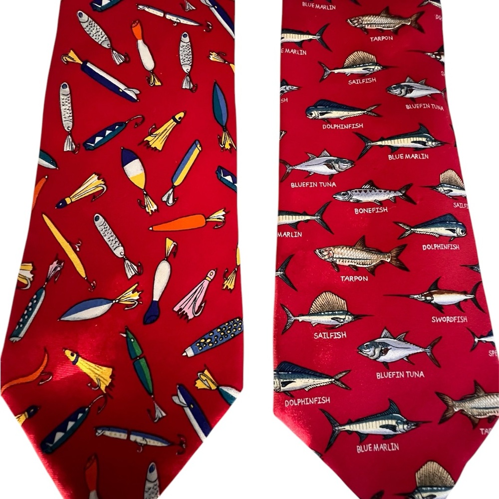 ALYNN NECKWEAR (2) 100% Silk Red NeckTies Fishing Tie Saltwater 3.5x60 VTG USA - Picture 10 of 16